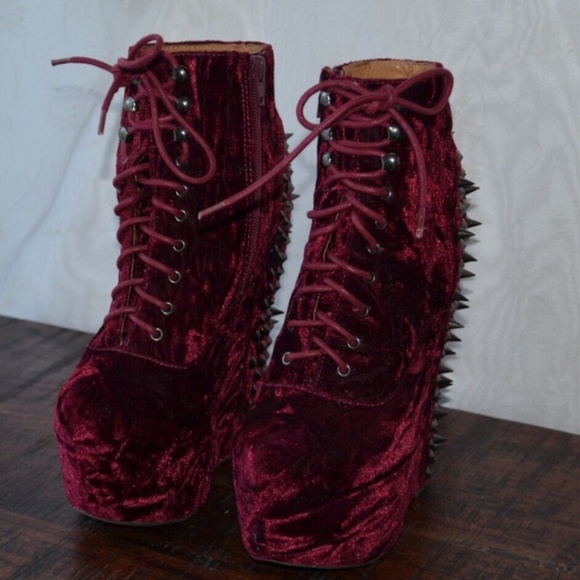 Jeffrey Campbell Spike Damsel Wine Velvet Booties Wedge 7.5 - Picture 7 of 10